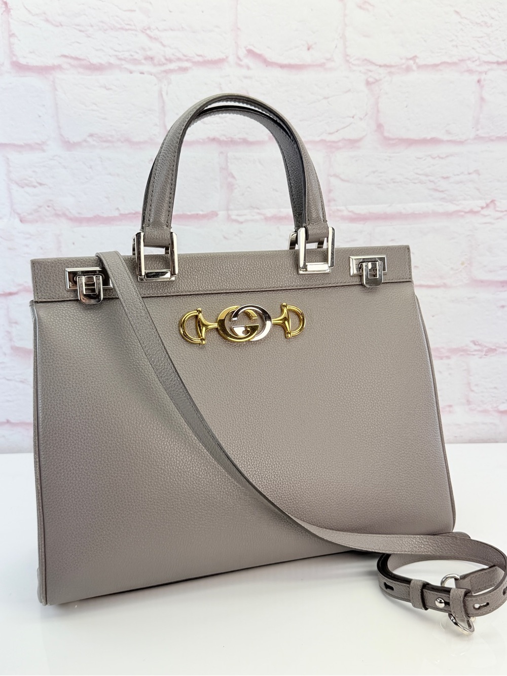 Gucci Zumi Grey Leather Top-Handle Satchel Gold Hardware